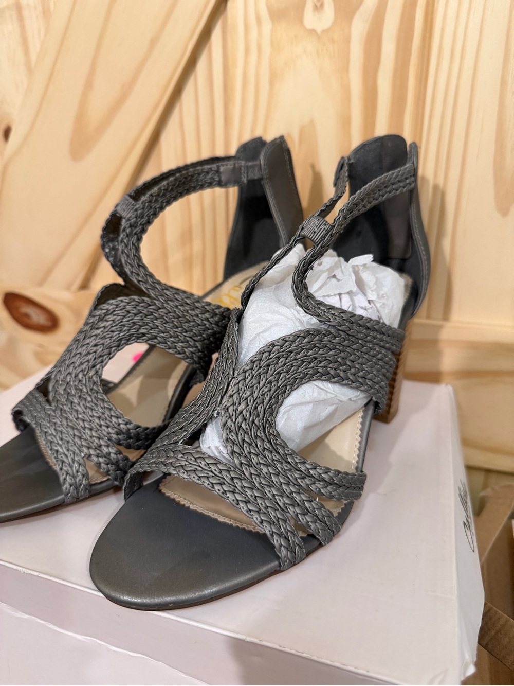 Callisto Braided Strappy Wedge Sandals in Gray